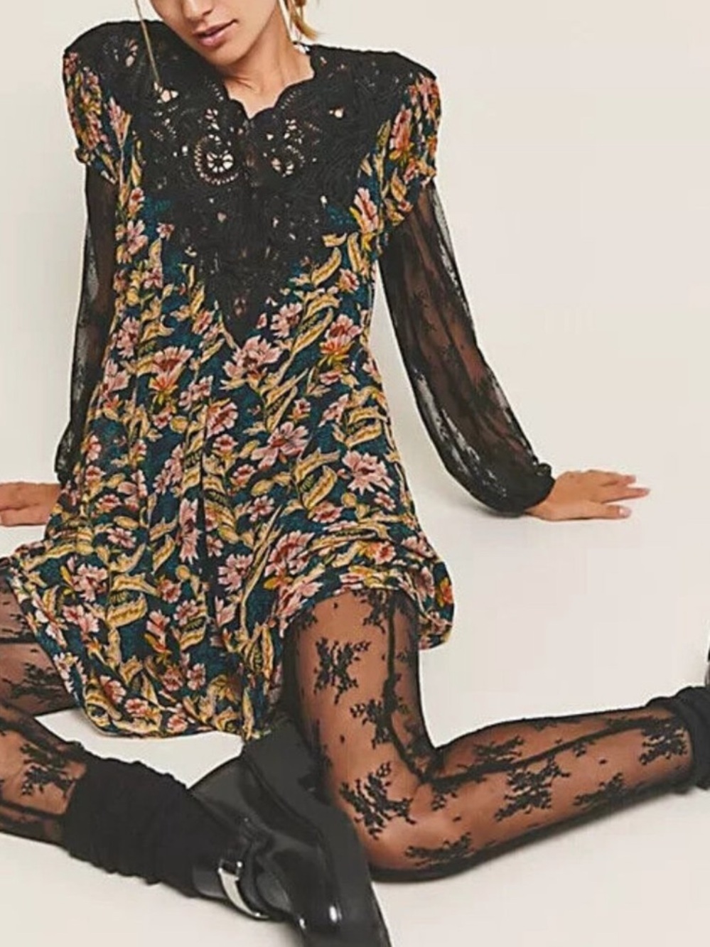 Free People Margot Printed Babydoll Puff Sleeve Black Crochet Lace midi dress XL